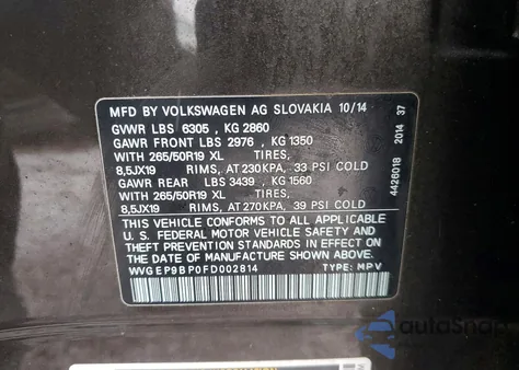 2015 Volkswagen Touareg V6 Tdi из США, поврежденный, VIN WVGEP9BP0FD002814